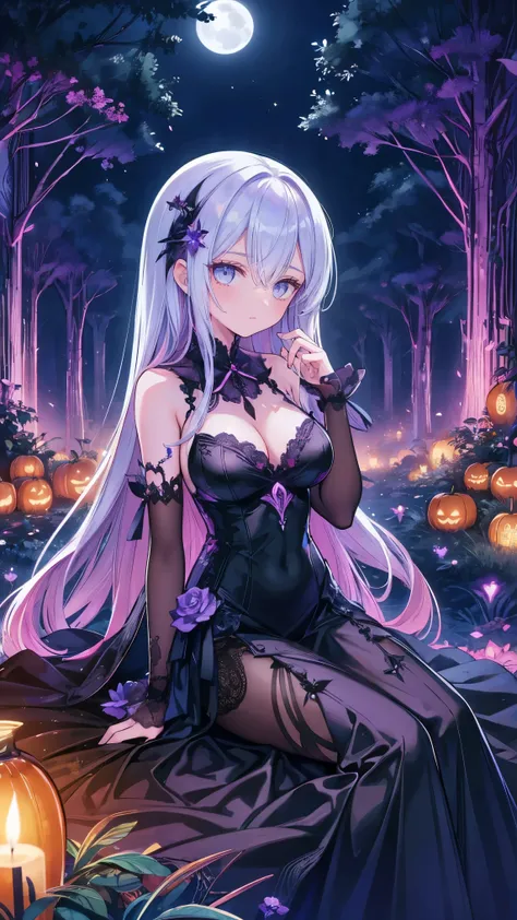  female anime-style character inspired by Re 
,  wearing an elegant Halloween dress with gothic details, shades of black and purple .  sensual position,  with mysterious and seductive expression ,  in an environment illuminated by candle lights , with a full moon in the background.  Scenery decorated with carved pumpkins ,  cobwebs and antique chandeliers ,  highly detailed style and magical atmosphere .  Vertical wallpaper 1024x1792 for cell phone .