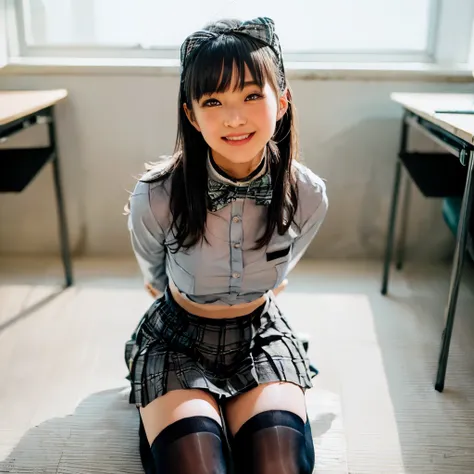 ((  one girl:1.6))、(( classroom))、((shirt with collar and front buttons、 grey pleated skirt、 plaid bow tie :1.5))、((kneel:1.9))、...