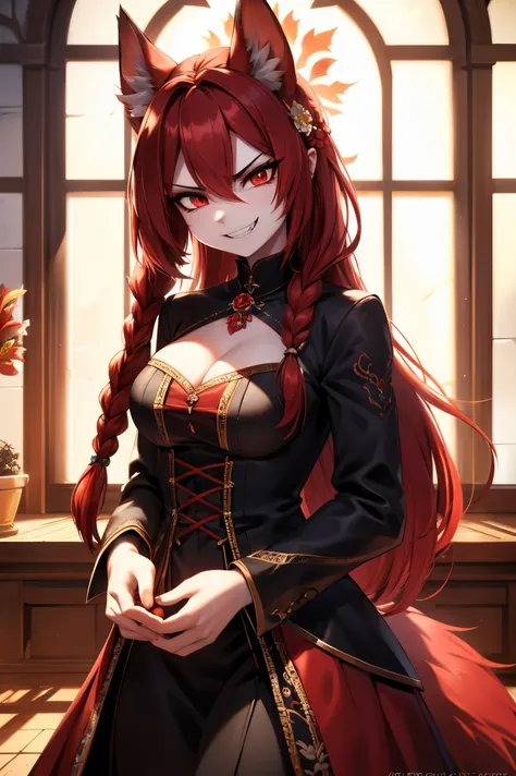 [ best quality , SHADING,  extreme detail ,  very detailed ,  ultra detailed , Complex, realistic],  anthropomorphic female character with the body of a werewolf,  by the red with red hair with a red tail ,  straight hair combed in braid ,  a brooch with a...