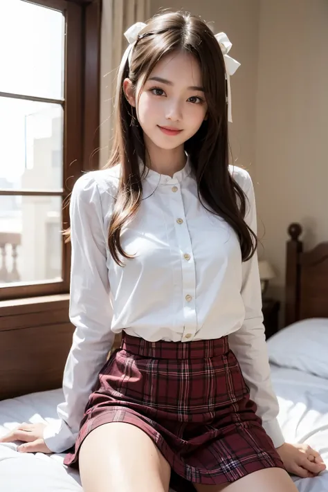 1 young girl,very cute and beautiful japanese teen actress,highly detailed beautiful face,
white blouse,long sleeve,sitting on bed sheet,spread legs,laced white panties,arms behind back,(smile),happy,looking at viewer,hime cut,hair ribbon
 BREAK dynamic an...