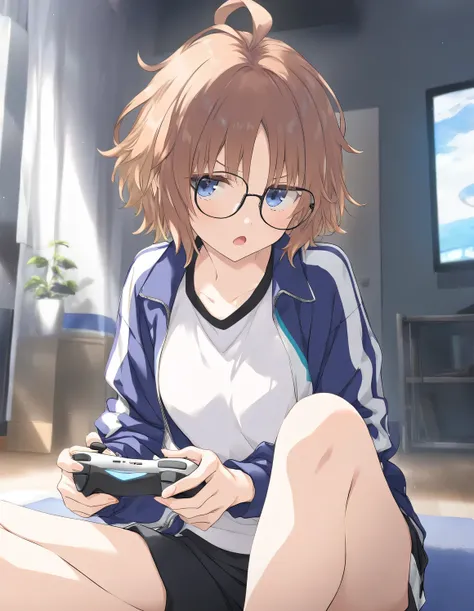 1girl, little female, short hair, messy hair, beautiful breasts,  jitome, glasses, track jacket, gym shorts, open mouth, indoors, holding game controller, television,  game CG break,((artist:shida_kazuhiro)),(artist:mitsumi_misato),(artist:fujiyama),,(mast...