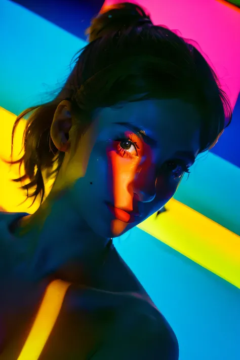 full portrait unique photography with light and painting, german flag painting colors on the face, a cute readhead german girl, ((she is 9yo:1.3)), wearing swimwear, dynamic pose, The Face behind a reflected Glass, floating hair, red and orange neon lighti...