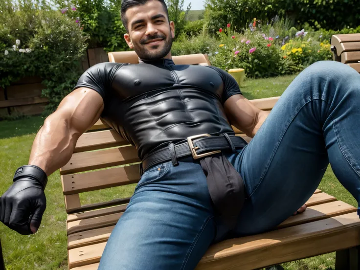 30years old, One Man,、Black bodysuit、Shocker Belt、Slim jeans、 black gloves 、Black boots、Combatant、Muscular、With a pistol on his hip、garden、lawn、 that touch your crotch。logic, ,Black Hair。Very short and even shorter short hair、middle aged soldier　Turkish fa...