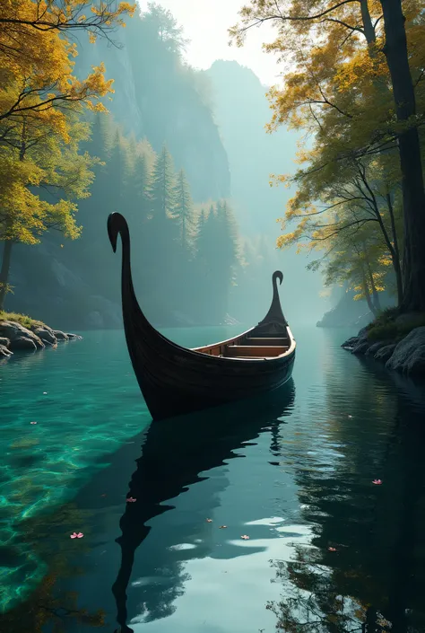 A Viking drakkar boat floating on a crystal-clear lake surrounded by enchanted forests, with trees whose leaves glow like small golden runes. High-definition rendering with precise reflections on the water, fine details on the boats woodwork, and hyper-rea...