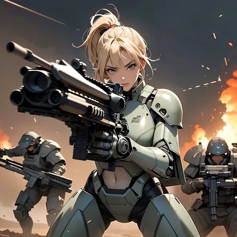 nsfw, very long shot, anime screencap, 16k, perfect anatomy proportion body,  action,  dynamic composition with a sense of speed and dynamism , (Firing an assault rifle, shooting:1.6), camo robotic heavy armor full armor powered suit, milf, 40age, perfect ...