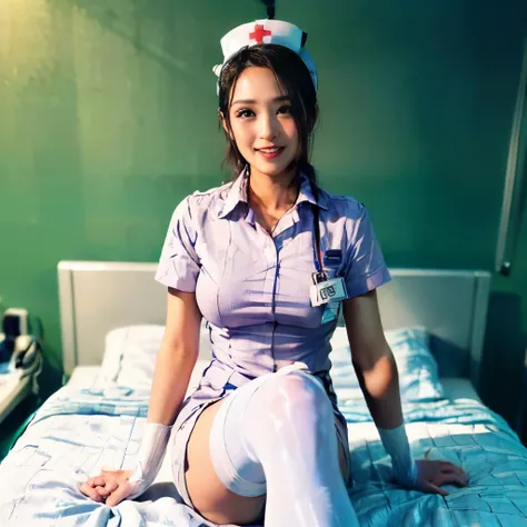 (( one nurse:1.6))、(( sit down on the hospital bed:1.5))、((    knee-high socks  :1.5))、(8k、    raw photos、    best quality、maste...