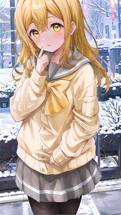 masterpiece,  best quality, 1 girl,Alone,Kunia Hanamaru, blonde hair ,Long Hair, hair between eyes, yellow eyes,Winter uniform, yellow cardigan with hands up,  miniskirt,  black pantyhose 、Bonbon、support、fine