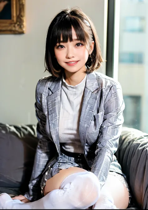 ((  one businesswoman :1.6))、((  grey jacket 、 white blouse 、grey narrow skirt:1.5))、((    knee-high socks  :1.5))、((stand))、(8k...