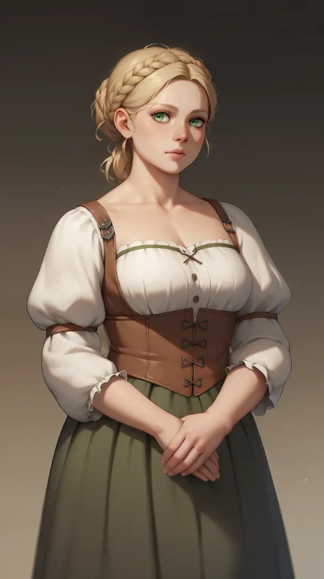 score_9, score_8_up, score_7_up, source_ realism, гиперrealism, volume,  1girl, One, bbw,  in the room , pale,  woman , dressed in a medieval skirt, wearing одеваться,  green eyes ,  blond hair , square, 