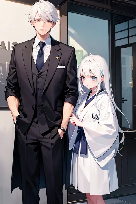 A girl and a boy with white hair and clothes, wearing a school uniform but not a japanese one