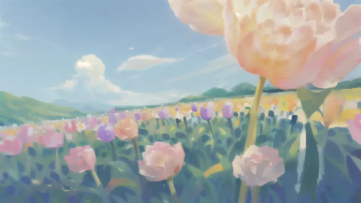 flower, outdoors, no humans, sky, pink flower, day, scenery, blue sky, tulip, leaf, plant, grass, white flower, still life, yellow flower, nature, field, purple flower, scenery, plant, outdoors, day, plant, still life (illustration:1.0), masterpiece, best ...