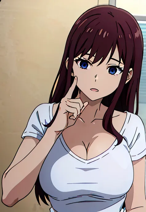 anime women, mom , wearing t shirt, cleavage , white t-shirt , think, thought, finger on face