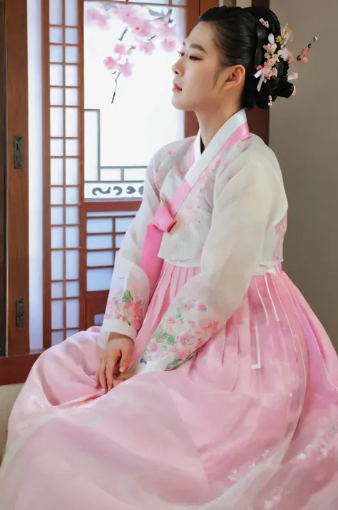 A Korean man in womens hanbok, hi is crossdresser, His face and hairstyle are very masculine, silk, Mother of the Bride hanbok Dress Outfit, breasts like a woman, white and pink, slender female body, floral pattern, sexy see-through jacket, satin, little s...