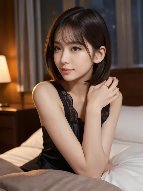  Characteristics of the subject :  you can see the night view of the city from the window 、 warm light that makes use of indirect lighting illuminates the whole 。The shiny dark brown short hair、Gives a stylish and sophisticated impression。 the eyes are par...