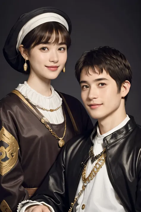 323 (A 20-year-old woman and a 20-year-old man), (  super real ), (High image quality), (  short hair on nose  ), (smile), ((  gorgeous costume )), ((Rembrandt painting))