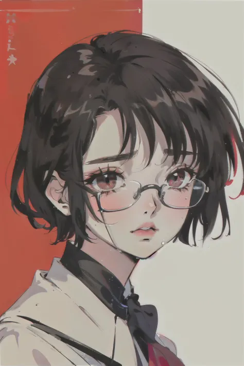  (masterpiece:1.2, best quality:1.2), from bottom, (only face), 1girl, Look up, extremely detailed face, extremely detailed eyes, good-looking, finger on lips, glasses, (red office shirt, black tie), (short black hair), (cry, very sad face)