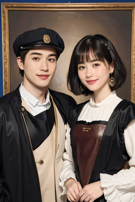 323 (A 20-year-old woman and a 20-year-old man), (  super real ), (High image quality), (  short hair on nose  ), (smile), ((  gorgeous costume )), ((Rembrandt painting))