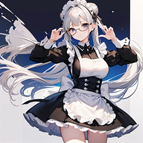 (masterpiece), (     best quality), (  super detailed),    1 slender woman 、、(((Big Breasts、Maid、Black maid outfit、  Maid clothes with visible back、 white apron dress 、  black stockings 、     miniskirt、   silver-haired、  topknot、Even bangs、   Full of bangs...