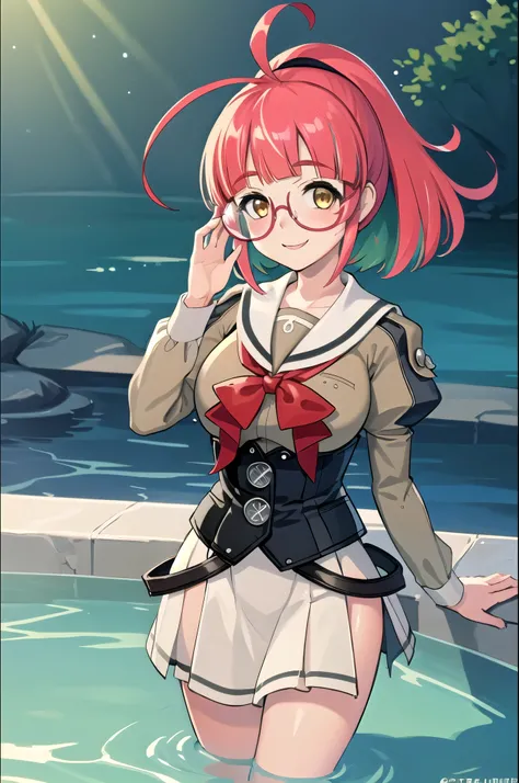 (masterpiece,  best quality:1.2),,  COWBOY SHOOTING , Alone,  1 girl, Canteme , smile,  is watching viewers, Water Play, Ahoge,  ponytail, Glasses,  sailor shirt ,  red ribbon,  grey sailor color, juliet sleeves,  Corset ,  gray skirt 