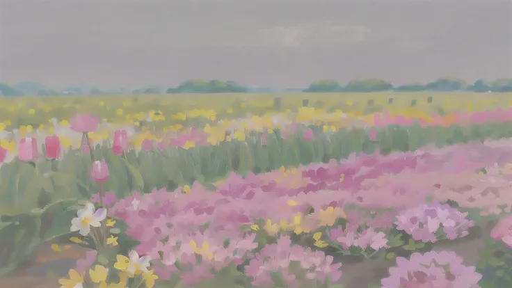 flower, outdoors, no humans, sky, pink flower, day, scenery, blue sky, tulip, leaf, plant, grass, white flower, still life, yellow flower, nature, field, purple flower, scenery, plant, outdoors, day, plant, still life (illustration:1.0), masterpiece, best ...