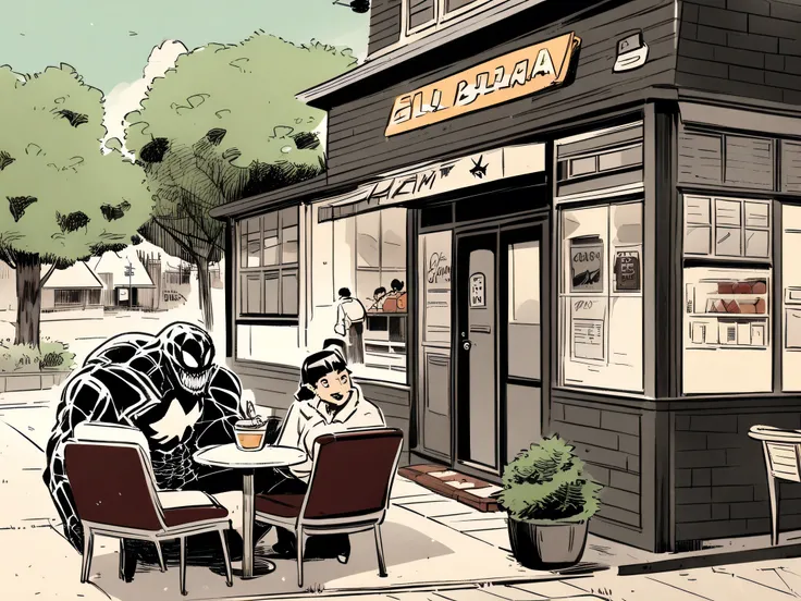 Marvel,American Comics,Venom, parfait in an old coffee shop,Retro,Illustration,Daytime,garden