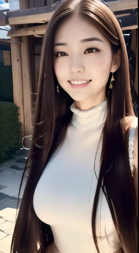 (A refreshing smile:1.5),( viewers:1.1）,（Hide your hands:2.0）,(  beautiful Japanese women with semen on their foreheads ）,（ straight hair , Long Hair,  Strong wind in the hair  :1.5), （  high neck sleeveless ,   tight skirt :1.5), （ high heels;1.3), Detail...