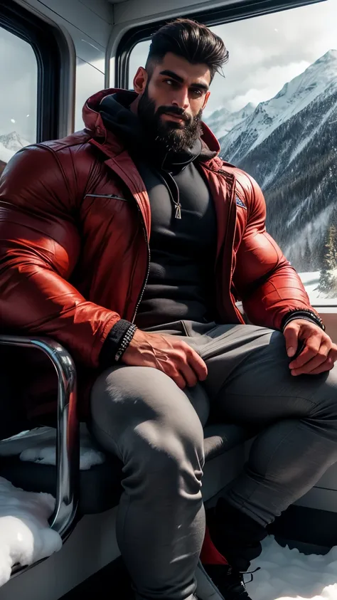 Big huge tall muscular legs, background aurora snow mountain with wind blowing huge snow flakes falling and stuck in hair, masterpiece Handsome indian Arjun Khanna masuculine bodybuiler playing with snow indian wrist bands with spiky hairstyle weared red s...