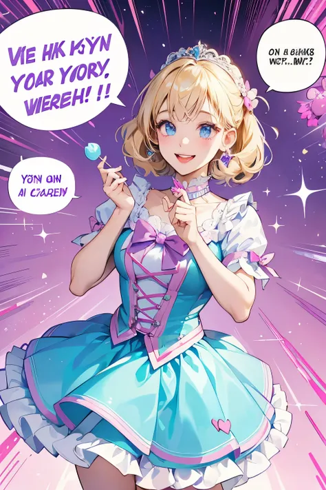 She has pale blue and blonde hair.、She is wearing a hot pink dress and a skirt with a white collar.. She also、I regularly carry purple heart-shaped lollipops。. Sparkle;  glitter、((Jump:1.2))、((Bright smile:1.2))、((Comic speech bubble))、((English Text))