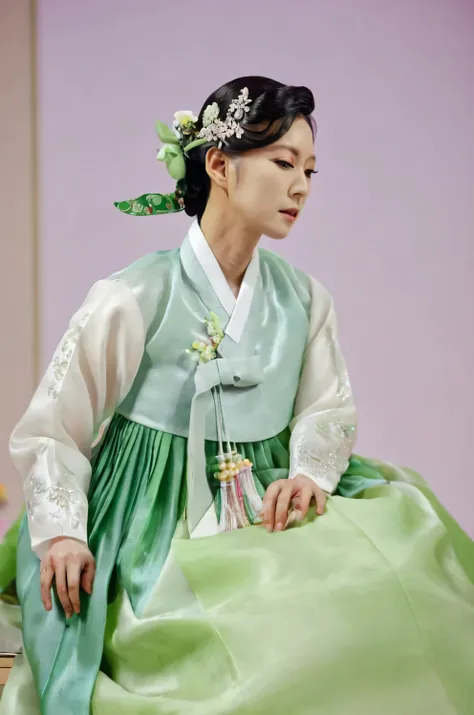 a korean man in women's hanbok, hi is crossdresser, his face and hairstyle are very masculine, silk, mother of the bride hanbok ...