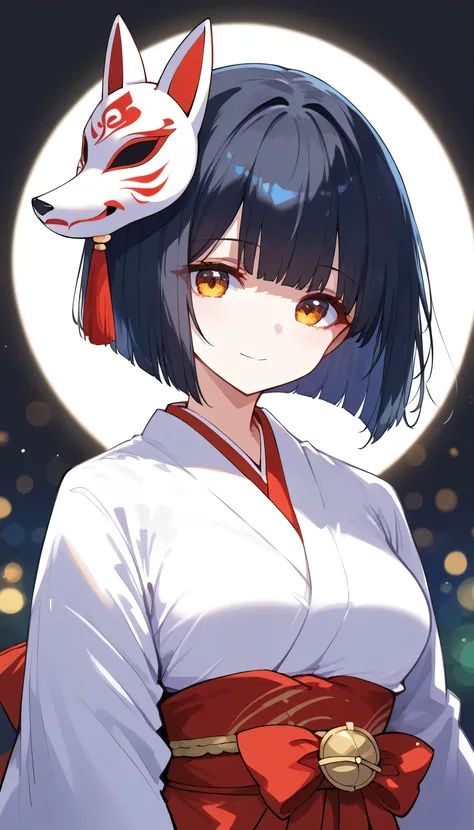 nai3, close up, masterpiece, best quality, bokeh, cute, nai3, close up, masterpiece, best quality, bokeh, cute, score_9, score_8_up, score_7_up, 1girl, short hair, reverse bob cut, black hair, miko, fox mask, mask on, Japanese clothes, kimono, white kosode...