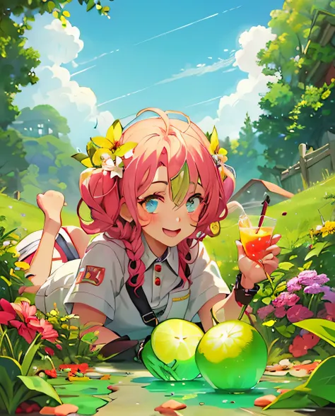 a girl laying on the ground with a glass of juice, cute detailed digital art, mobile game art, background art, unlimited juice, 🍸🍋, cute art style, goddess of summer, fantasy art style, official art, abigail from stardew valley, soda themed girl, official ...