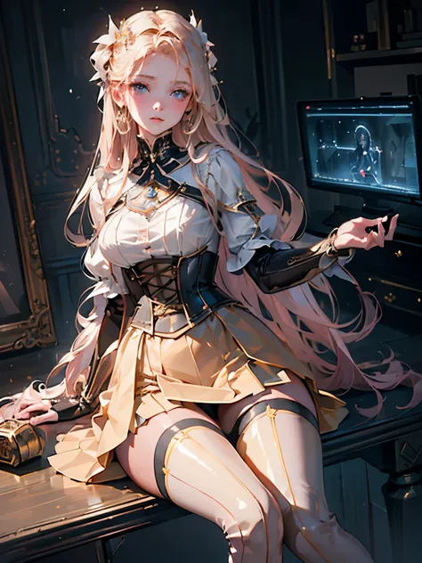 (((masterpiece)))、(( best quality))、( super detailed)、(CG illustration)、( very beautiful girl ))、Cinematic Light、((One Mechanical Girl))、 SF、The End、 graduate school (beautiful and luxurious:1.2)、( 1 girl:1.3)、Look forward,pale pink gold long hair , Corset...