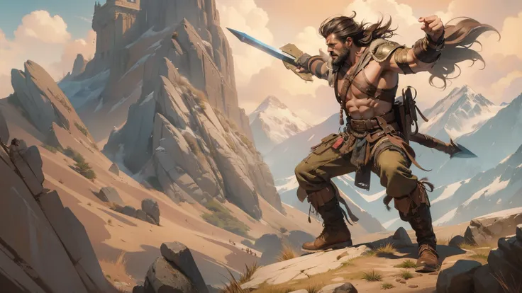 Create a dynamic image of a male middle-aged adventurer in the iconic style of Frank Frazetta. The adventurer should be tall and strong, exuding a rugged charm. He has unshaved facial hair, adding to his rough exterior, and his brown hair is tousled and wi...