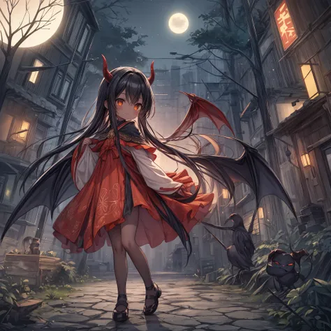 solo,1girl\((devil:1.6),cute,(dancing:1.4),evil smile,pure black skin,bags under eyes,long eyebrow,big eyes,chibi,long nail,orange eyes,hair,(looking down herself:1.3),wearing capelet\((very big:1.5),(very long:1.3),(traditional_patterned:1.2)\)\), BREAK ,background\((full moon),music notes, (dead trees:1.3), in the forest,shadow_pappet\(crow\)\),(long shot),(wide shot),(dynamic angle),full body. BREAK .background\(at alley,harajyuku\(tokyo,japan\),at night,dark\). BREAK .quality\(8k,wallpaper of extremely detailed CG unit, high resolution, top-quality, top-quality real texture skin, hyper realistic, increase the resolution, RAW photos, best quality, highly detailed, the wallpaper,golden ratio,high saturation realism, vibrant colors, dramatic lighting, persuasive storytelling, atmospheric scenery, captivating visuals, intricate details, strong emotions,dreamlike world\),,