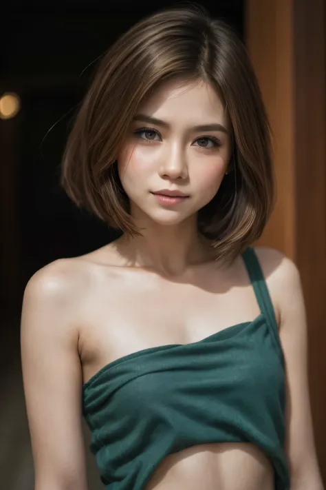 gadis kecil berambut shorthaircut bogel, half body portrait. highly detailed quality, naked flat breasts. thick nipples thick, k...