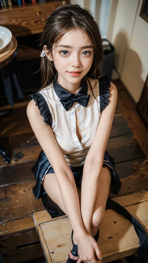   best quality,  Ultra high resolution 8k camera shot  ,((  portrait of a person sitting with legs aligned :1.4)), ((Realistic:1.6)), ((  blue eyes)),((  Shining Smile  )),   RAW Photos,((Realisticな美肌)),((mini black collared miniskirt dress:1.4)),((   soft...