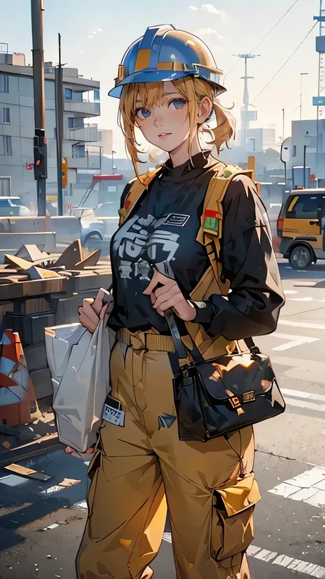 Girl at the construction site, Wear a long-sleeved shirt,  cargo pants with dowels ,  helmet , and holding a Powerful methods in her hand.

( high definition ,4K, best quality:1.2), very detailed,(Realistic:1.37),Large-scale construction site,professional,...