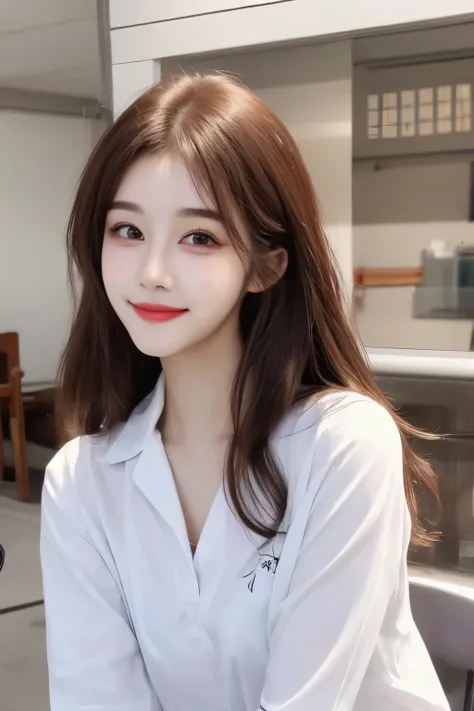  1 girl, SOLo, korean, Beautiful face, kpop,OL, Long hair,Beautiful eyes,Beautiful nose, pretty mouth ,20 years old, Wear a white work shirt,Half-body photo ,Smile a little, portrait,