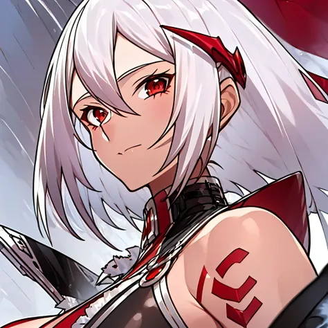 famepeerastyle, 1girl, white hair, red eyes, looking at viewer, upper body, ((masterpiece)), best quality, high detailed illustration, high detailed background, hi-res