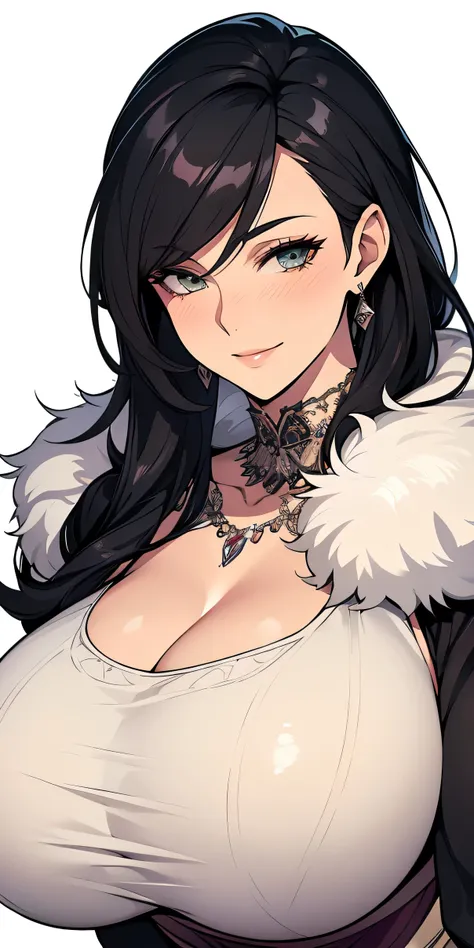 Milf, mature woman, elegant, (black hair), long hair, (silver eyes), casual clothes, (((buxom))), (((massive breasts))), g-cup breasts, bodice, fur trim, portrait, upper body, curvaceous, 4k resolution, high quality, lurid smile, lewd smile, slight blush