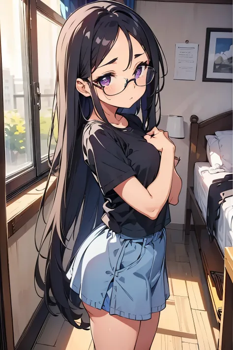  flat chest black hair 　 straight long hair　Bangs 7：3 splits　Forehead showing　Purple Eyes　Round Glasses（（One person））Long Top Black Short Sleeve Tee 　 Lower Body Navy Blue Denim Mini Skirt　 white panties 　 holding white socks （（ panties））　 girls room　 stan...