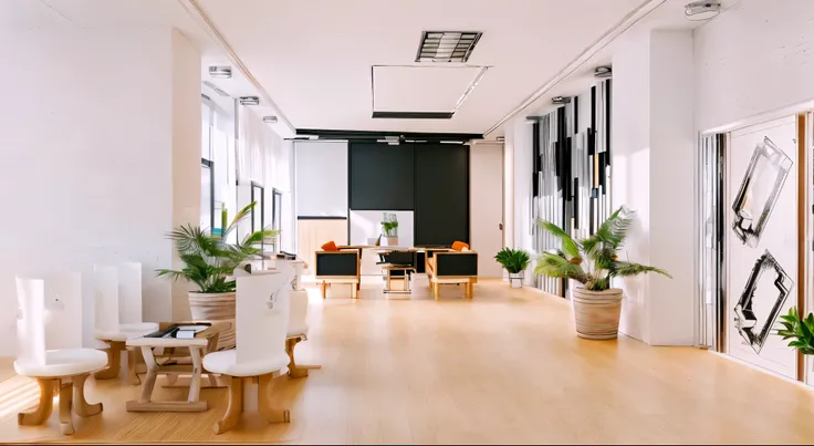 office , white room, white, red, black stripe at edge, framed pictures of big tree on wall