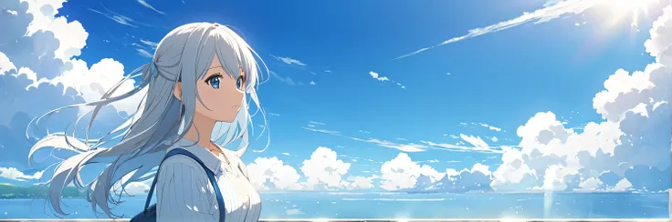 Summer blue sky, White Clouds , girl,anime, real, High Quality 