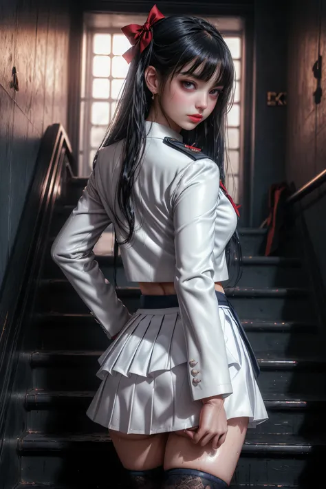 (School stairs), charming eyes,Heartwarming action,A ,(Rear view),(look back),look back,Look up at the head,thick long black hair, highly detailed body, very detailed face in light blue underwear, best quality,(High school girl),(High school girl),,((White...