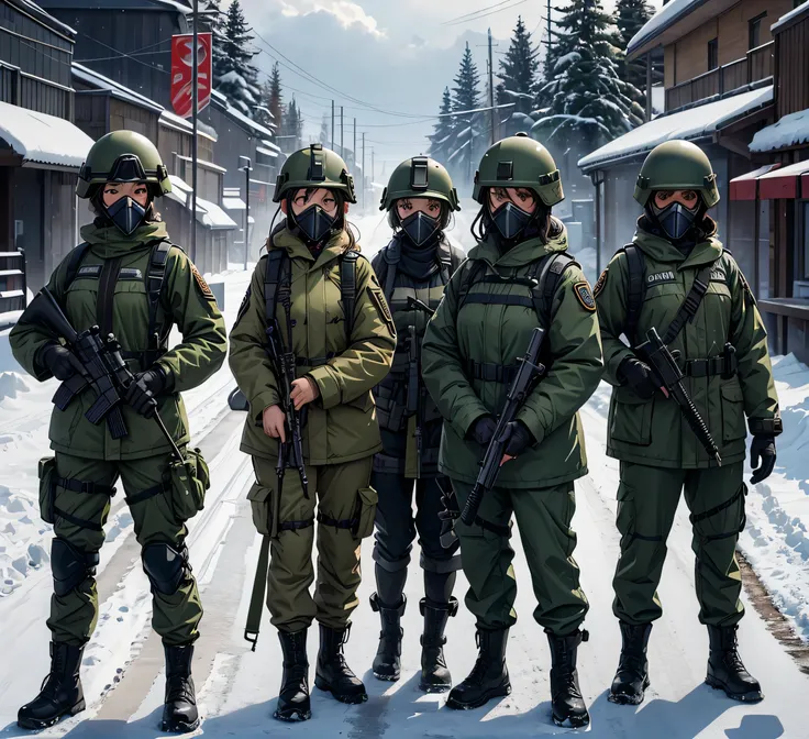  Four female soldiers all in dark green thick jackets、helmet、Gas Mask、Goggles、Standing guard with gun、Snowy road 、masterpiece、 is of the best quality、High precision CG 、8K Picture Quality