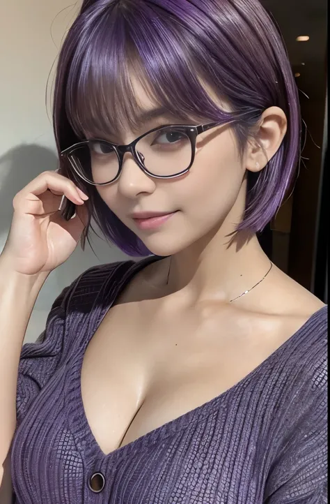  1 girl,  mature woman , masterpiece, spouse, goddess, Shorthair ,(( purple hair)),Glasses