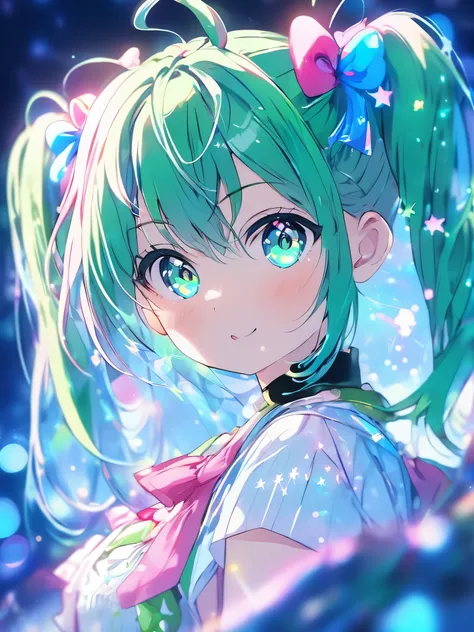 Profile focus  ,   eyes focus  ,  cute face,  best quality,  Ultra High Definition ,  1 girl,   Beautiful green hair,  twin tails,  Pink Ribbon ,  colorful lights  , Light blue eyes, Blue Night,  upper body, Night view,