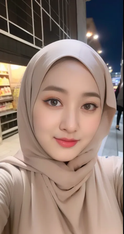 ((2 hijab girls taking selfie with front camera)), beautiful detailed hijab, tight outfit, medium bust, sexy waist, two hijab gi...