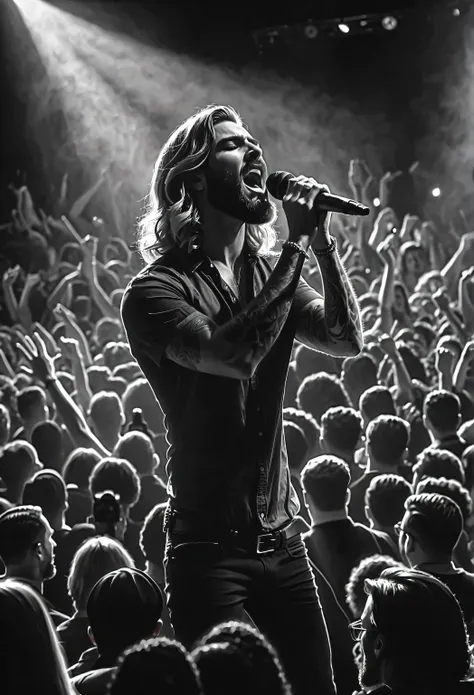 Charcoal pencil drawing, black and white, work of art, create a digital painting, 4k, The highest quality,  Rock concert audience,Singing with a microphone