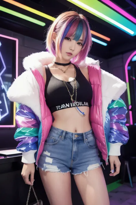 Sexy DJ ，gal、 Japanese、 cute、 colorful hair、Multicolored Hair、Mesh Hair、Flashy clothes、Glowing Shoes、belly button、chest、valley、Thighs、Transparent jacket、 short jeans、Glowing clothes、 Fluorescent Accessories、 Nightclub 、 hotpants、Damaged Pants、 panties、DJ B...